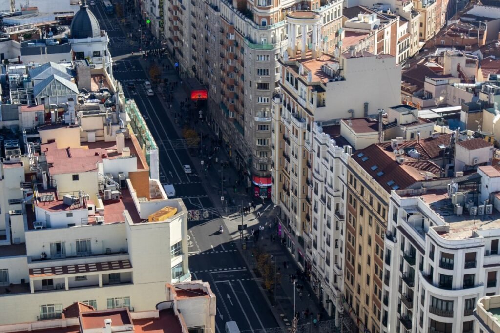 Aerial view of Gran Via in Madrid, Spain
